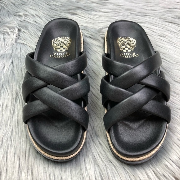 New Vince Camuto Chavelle Leather Criss Cross Platform Slide Sandals - Picture 9 of 9